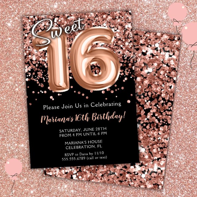 Invitación de cumpleaños Sweet 16 Rosa negra Oro (Subido por el creador)