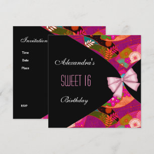 Invitación de cumpleaños Sweet 16 rosa negro Flor