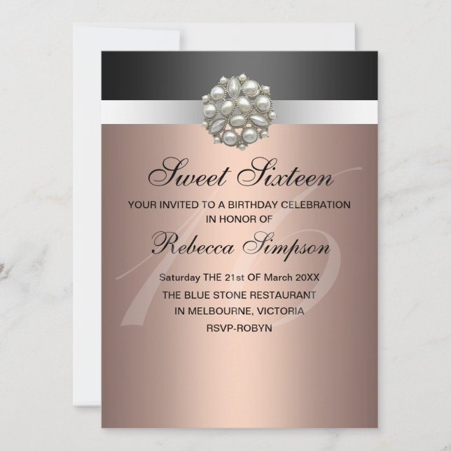 Invitación de cumpleaños Sweet 16 rosa perla y neg (Anverso)