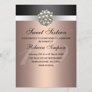 Invitación de cumpleaños Sweet 16 rosa perla y neg