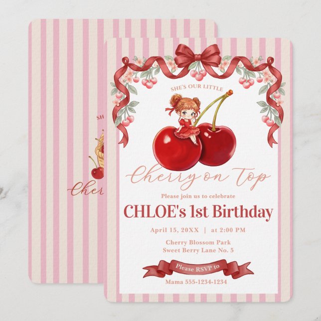 Invitación de cumpleaños Sweet Cherry Pink Coquett (Anverso / Reverso)