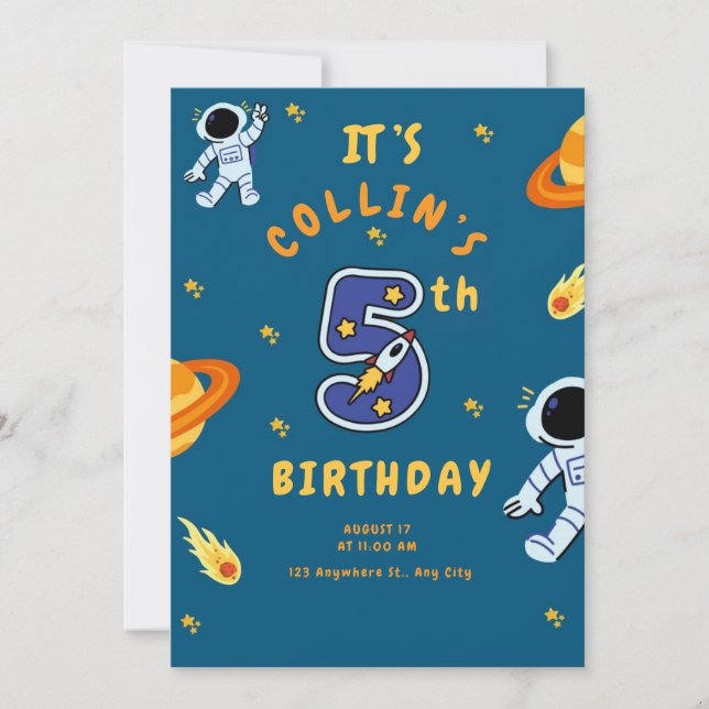 Invitación de cumpleaños tema espacial para niños  (Anverso)