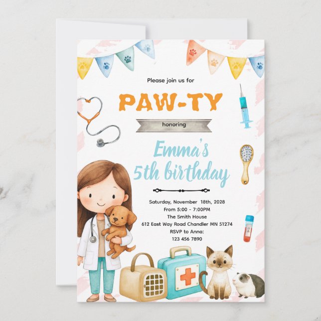 invitación de cumpleaños tema fiesta veterinaria (Anverso)
