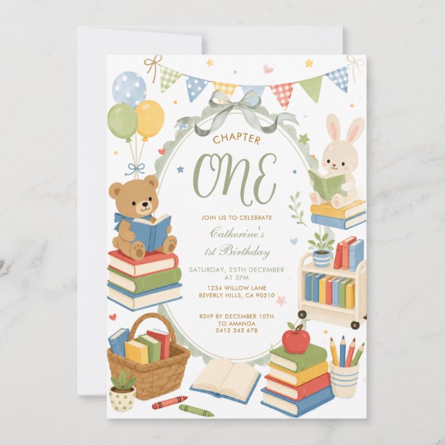 Invitación de cumpleaños tema libro capítulo uno (Anverso)
