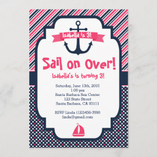 Invitación de cumpleaños Tema náutico en rosa y ma