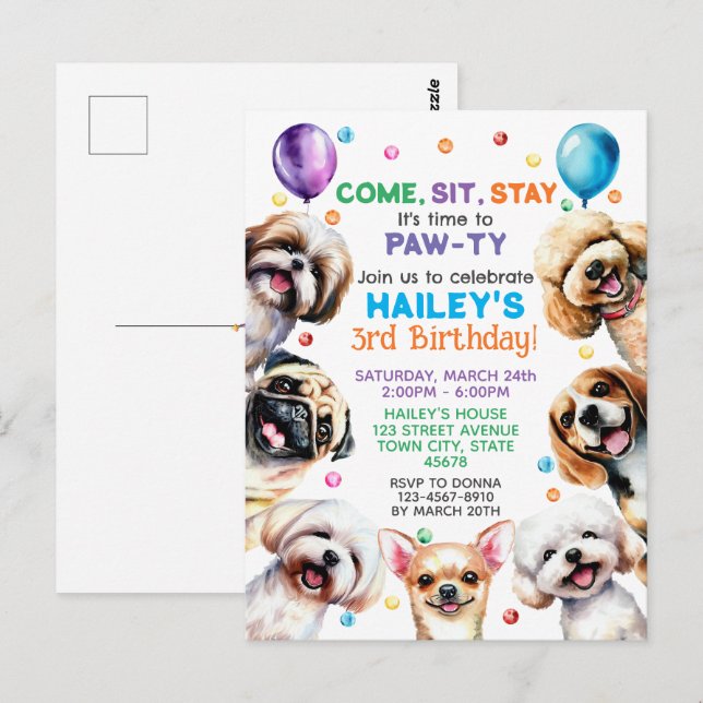 Invitación de cumpleaños tema perro 3 años (Anverso / Reverso)