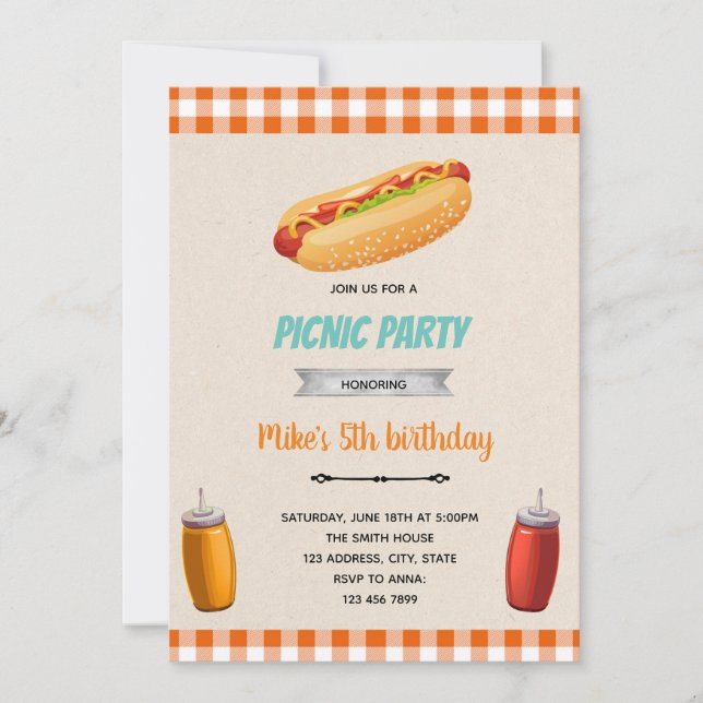 invitación de cumpleaños tema picnic hotdog (Anverso)