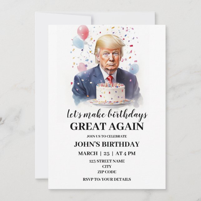 Invitación de cumpleaños temática a Donald Trump (Anverso)
