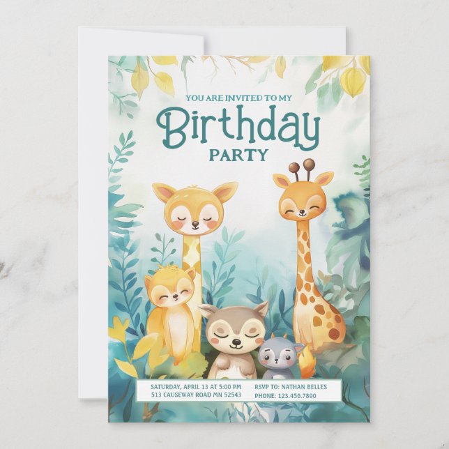 Invitación de cumpleaños temática de animales fore (Anverso)