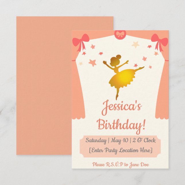 Invitación de cumpleaños temática de Ballerina (Anverso / Reverso)