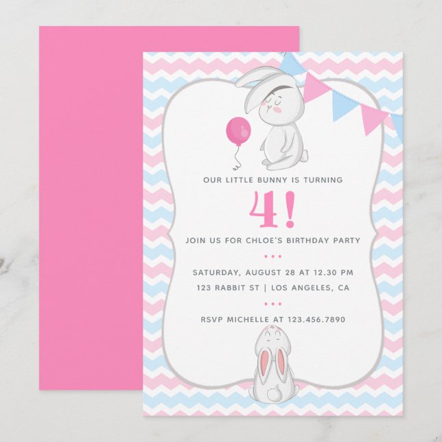 Invitación de cumpleaños temática de conejito para (Anverso / Reverso)