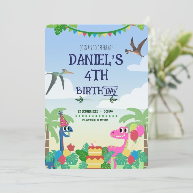 Invitación de cumpleaños temática de dinosaurio co (Anverso de pie)
