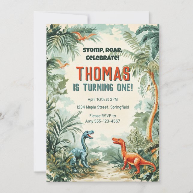 Invitación de cumpleaños temática de dinosaurios (Anverso)