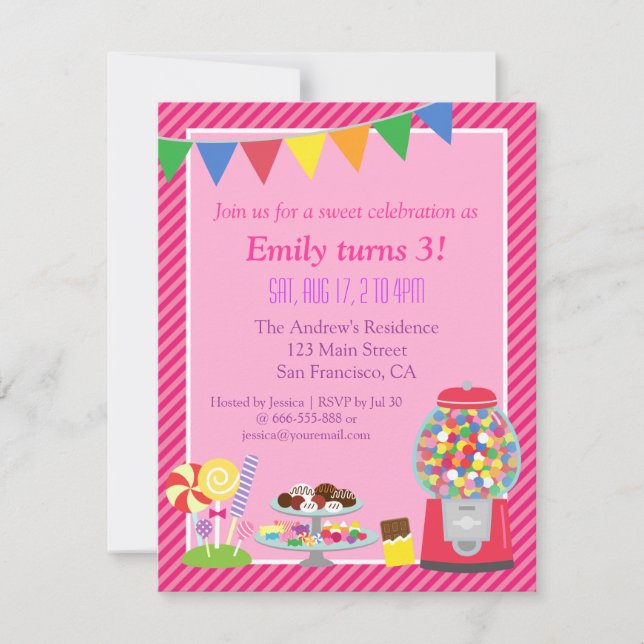 Invitación de cumpleaños temática de dulces colori (Anverso)