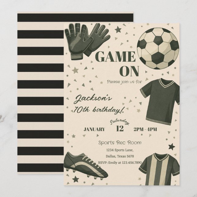 Invitación de cumpleaños temática de fútbol para n (Anverso / Reverso)