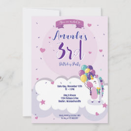 Invitación de cumpleaños temática de Girly Unicorn
