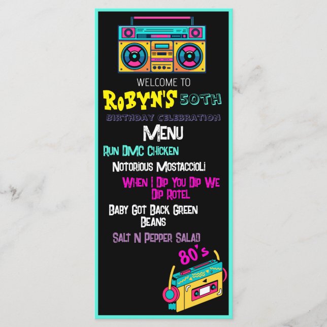 Invitación de cumpleaños temática de los años 80 o (Anverso)