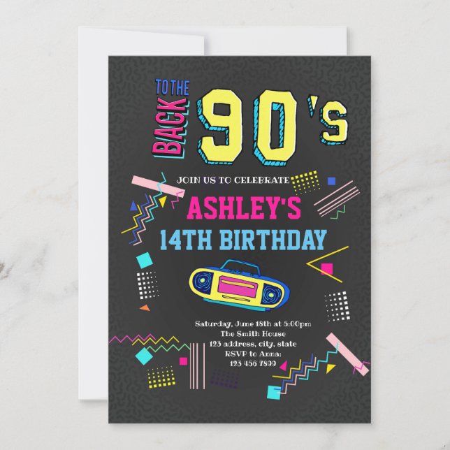 Invitación de cumpleaños temática de los años 90 (Anverso)