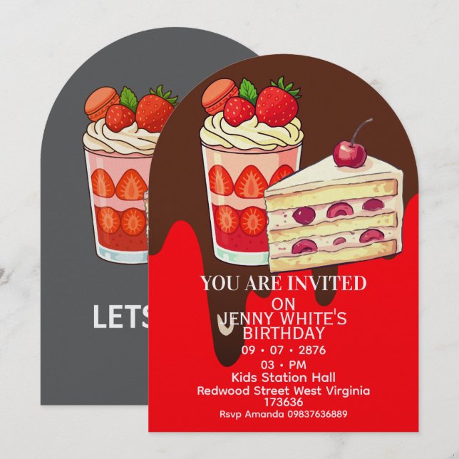 Invitación de cumpleaños temática de pastel de fre (Anverso / Reverso)