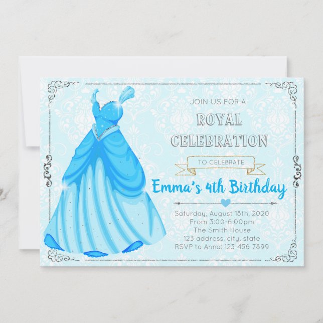 Invitación de cumpleaños temática de princesa azul (Anverso)