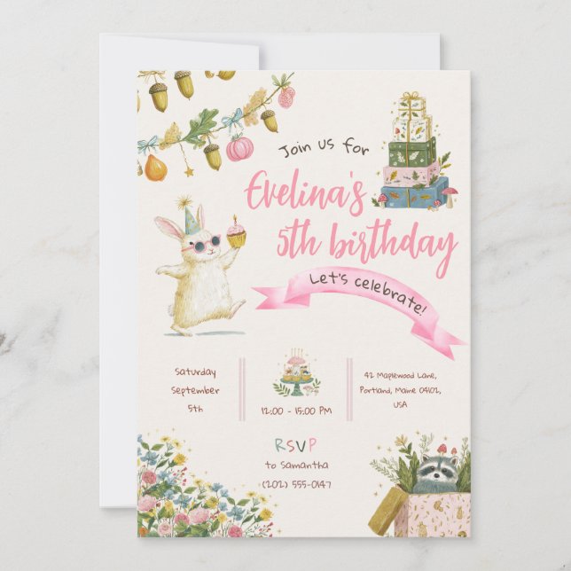 Invitación de cumpleaños temática de rosa para niñ (Anverso)