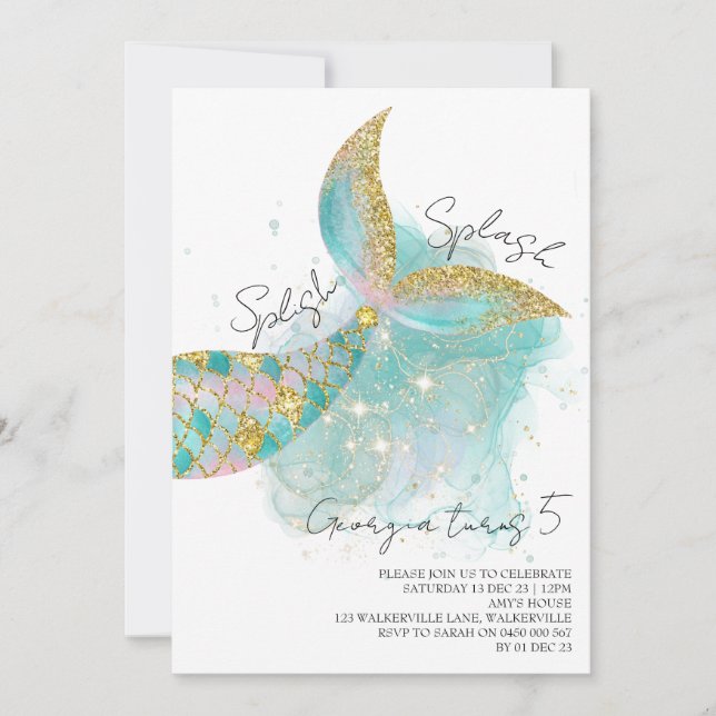 Invitación de cumpleaños temática de Sirena (Anverso)