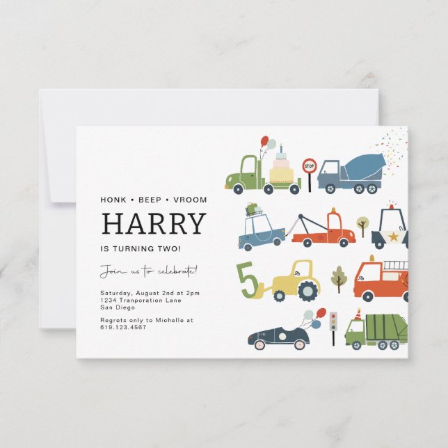 Invitación de cumpleaños temática de transporte ad (Anverso)