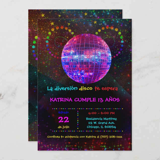 Invitación de Cumpleaños Temática Disco Para Niños (Anverso / Reverso)