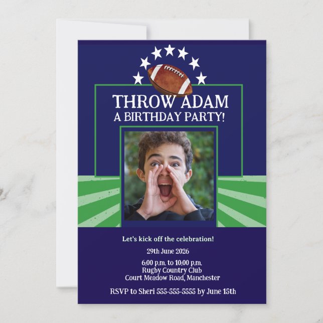 Invitación de cumpleaños temática fútbol americano (Anverso)