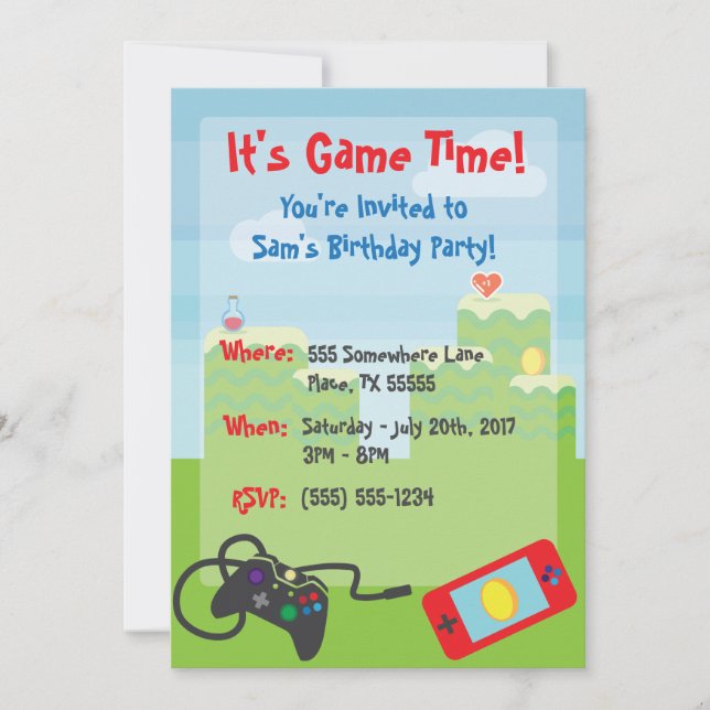 Invitación de cumpleaños temática para videojuegos (Anverso)
