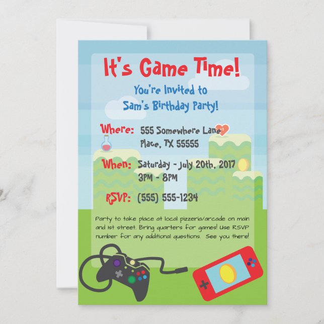 Invitación de cumpleaños temática para videojuegos (Anverso)