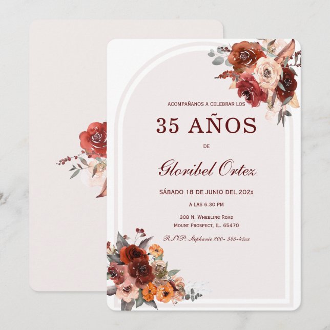 Invitación De cumpleaños Terracota Borgoña (Anverso / Reverso)