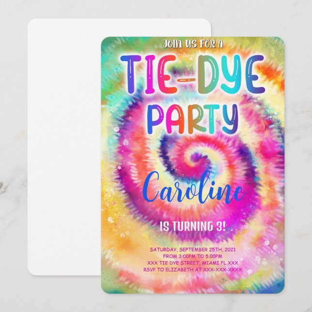 Invitación de cumpleaños Tie Dye (Anverso / Reverso)