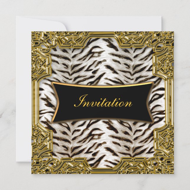 Invitación de Cumpleaños Tigre Blanco Oro Negro (Anverso)