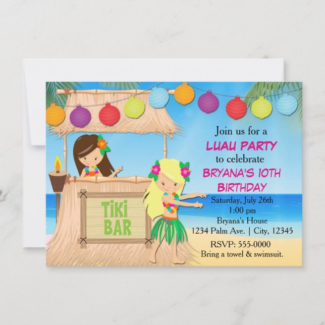 Invitación de cumpleaños tiki de playa de chicas h (Anverso)