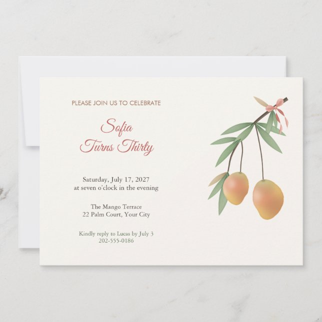 Invitación de cumpleaños treinta con rama de mango (Anverso)