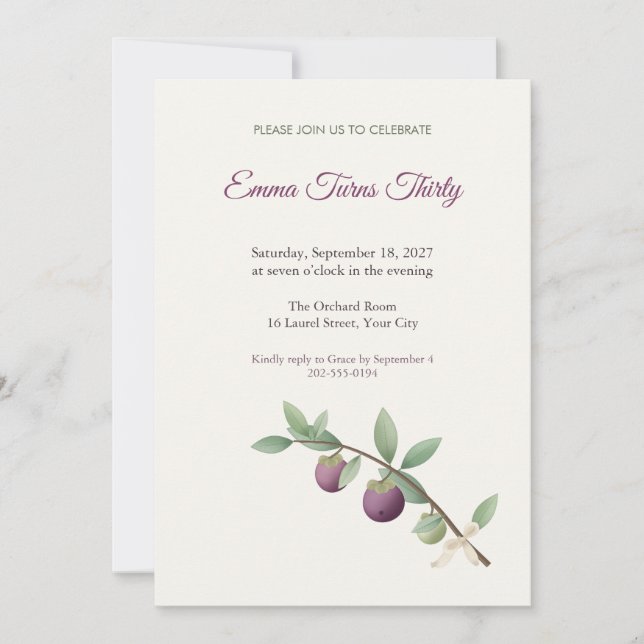 Invitación de cumpleaños treinta con rama de mango (Anverso)