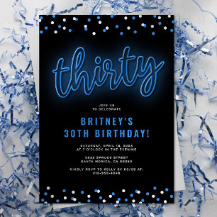 Invitación de cumpleaños treinta de neón azul
