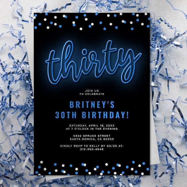 Invitación de cumpleaños treinta de neón azul (Subido por el creador)