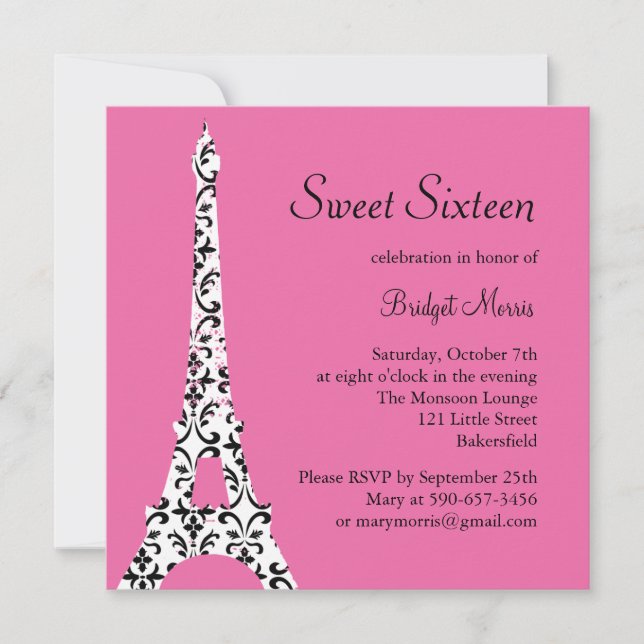 Invitación de cumpleaños Tres Paris (fuchsia) (Anverso)