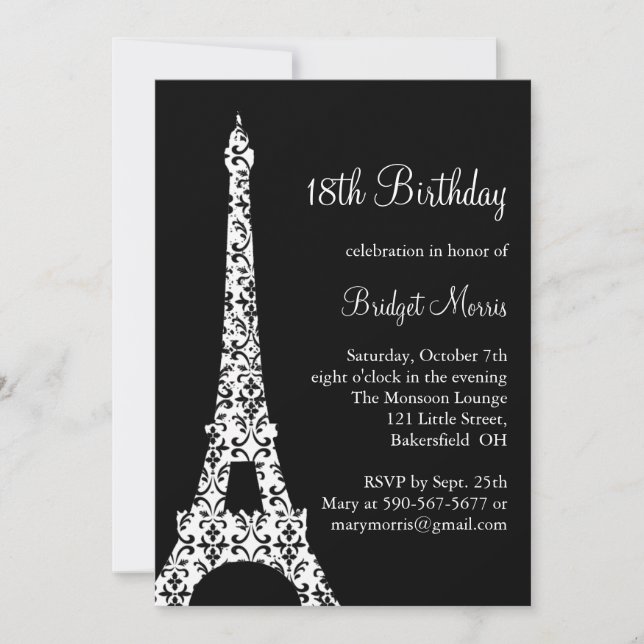 Invitación de cumpleaños Tres Paris (negro) (Anverso)