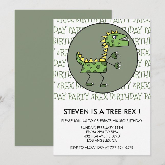 Invitación de cumpleaños tres rex dinosaurio 3º ni (Anverso / Reverso)