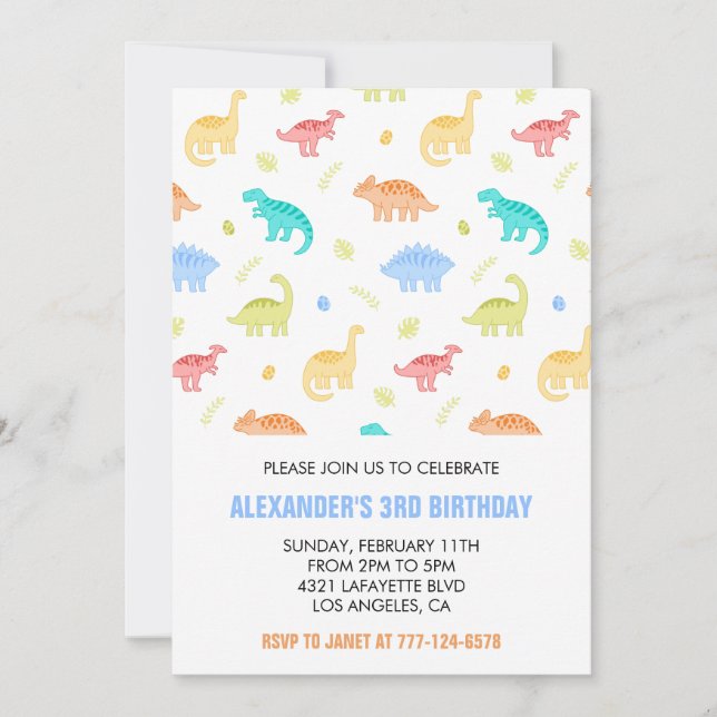 Invitación de cumpleaños tres rex niño tercer colo (Anverso)