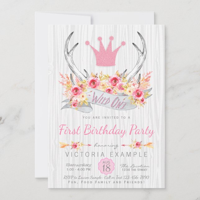 Invitación de cumpleaños Tribal Antler Wild One (Anverso)
