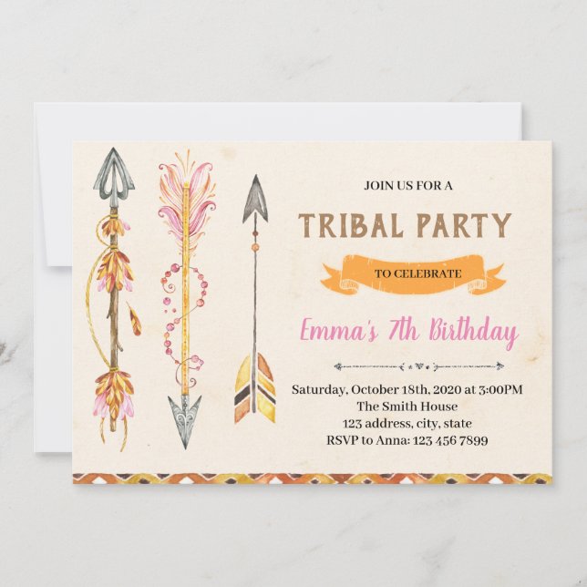 Invitación de cumpleaños tribal de Ethnic Arrows (Anverso)