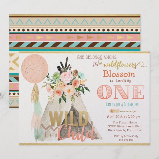 Invitación de cumpleaños tribal Teepee Tipi (Anverso / Reverso)