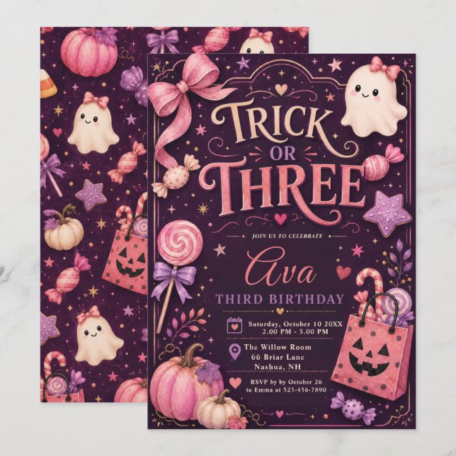 Invitación de cumpleaños Trick or Three (Anverso / Reverso)