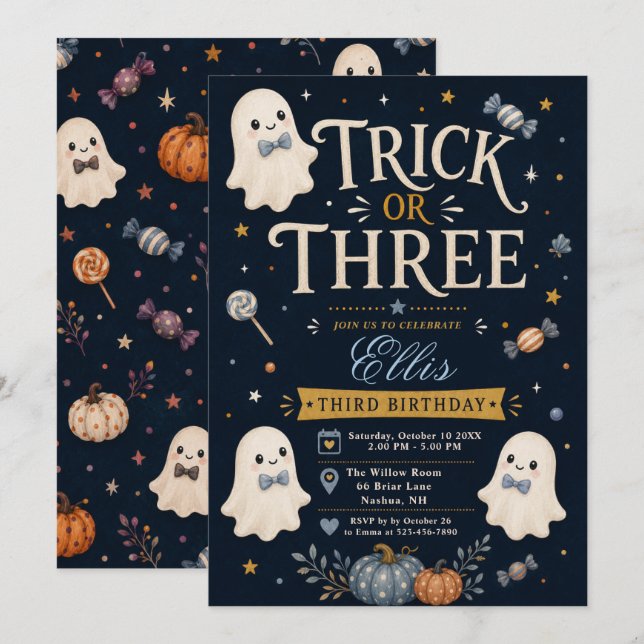 Invitación de cumpleaños Trick or Three (Anverso / Reverso)