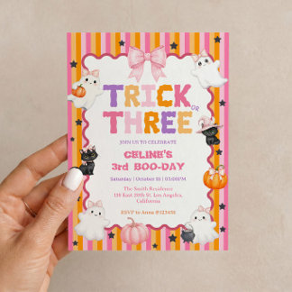 Invitación de cumpleaños Trick or Three para niña