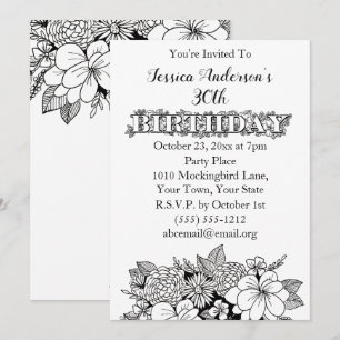 Invitación de cumpleaños trigésimo 30º negro flora